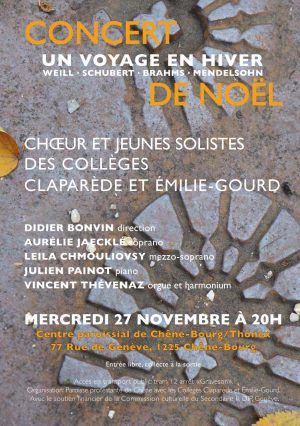 Chœur et jeunes solistes des Collèges Claparède et Émilie-Gourd / Mercredi 27 novembre 2013 à 20h00 au Centre paroissial de Chêne-Bourg