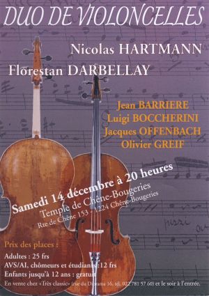 Duo de violoncelles / Samedi 14 décembre 2013 à 20h00 / au Temple de Chêne-Bougeries